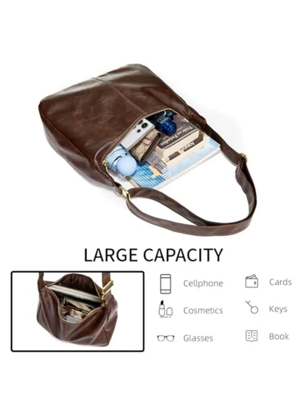 Women's Slouchy Hobo Shoulder Bag Vegan Leather Crossbody Purse Foldable Tote